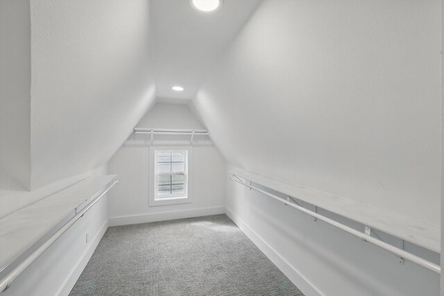 spacious closet featuring carpet flooring and vaulted ceiling