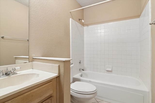 bathroom featuring shower / bath combination, a textured wall, toilet, tile patterned flooring, and a textured ceiling