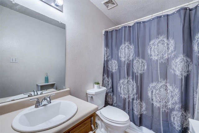 full bathroom with visible vents, a textured wall, toilet, a textured ceiling, and vanity