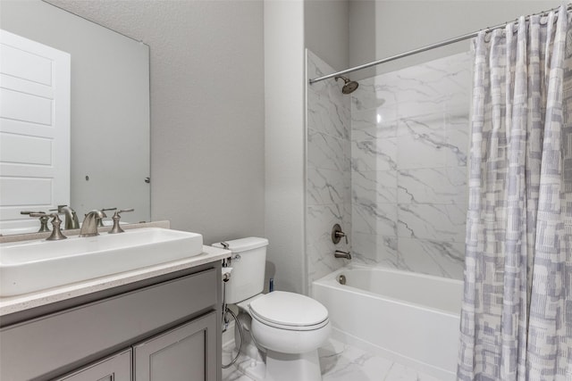 full bath featuring toilet, marble finish floor, shower / bath combination with curtain, and vanity