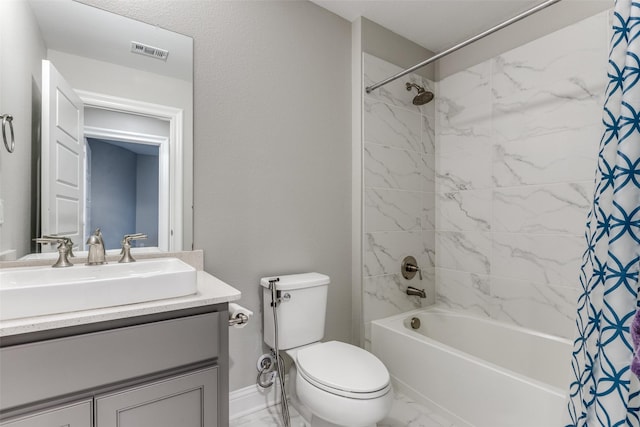 bathroom with marble finish floor, visible vents, shower / bath combination with curtain, and vanity