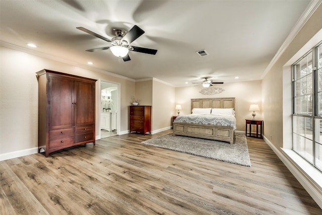 bedroom featuring recessed lighting, baseboards, visible vents, and wood finished floors