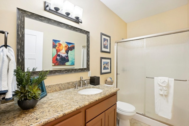 full bathroom featuring toilet, a stall shower, and vanity