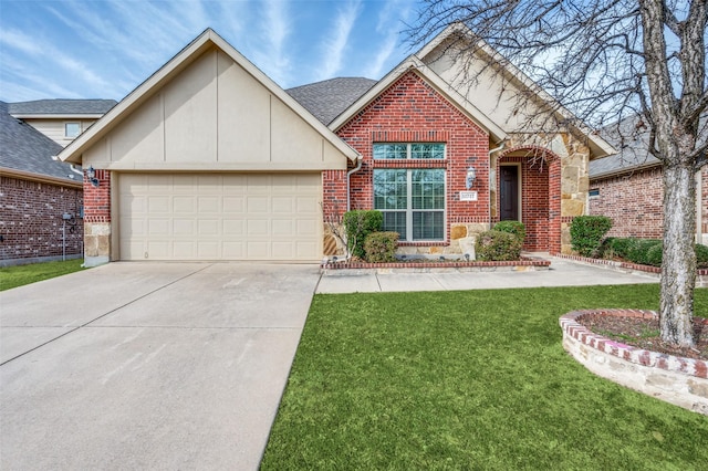 view of front of home with a front yard, roof with shingles, an attached garage, concrete driveway, and brick siding