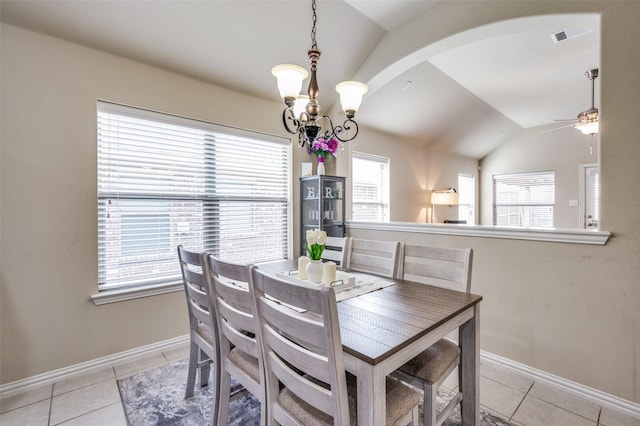 dining room with lofted ceiling, light tile patterned floors, a healthy amount of sunlight, and visible vents