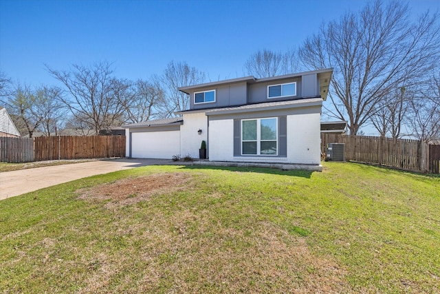 view of front of house featuring driveway, central AC, a front lawn, and fence