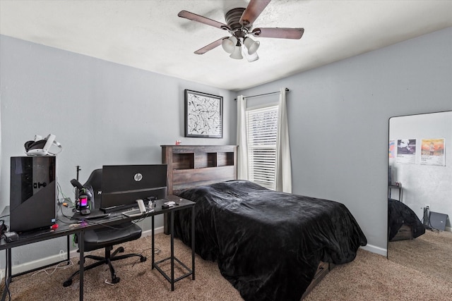 bedroom featuring a ceiling fan, baseboards, and carpet floors