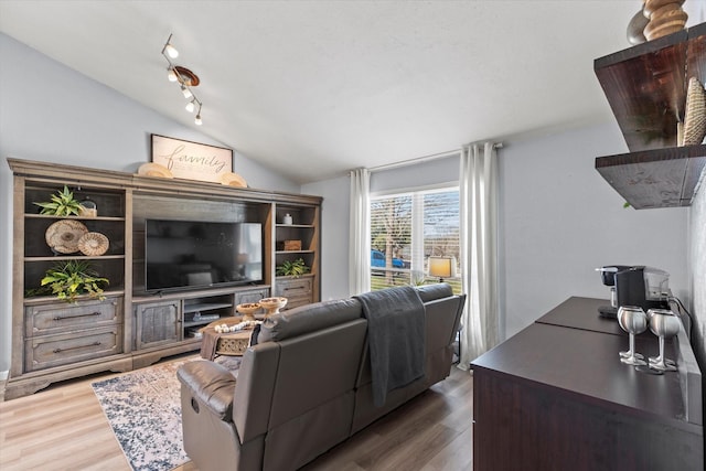 living room featuring lofted ceiling and wood finished floors