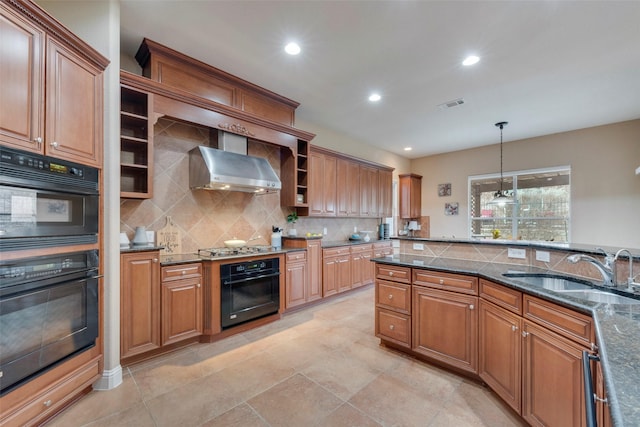 kitchen with wall chimney exhaust hood, open shelves, a sink, and tasteful backsplash