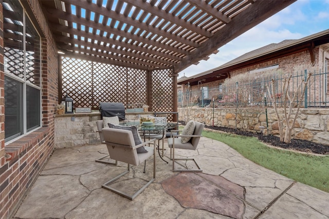 view of patio / terrace with outdoor dining area, a grill, a pergola, and fence