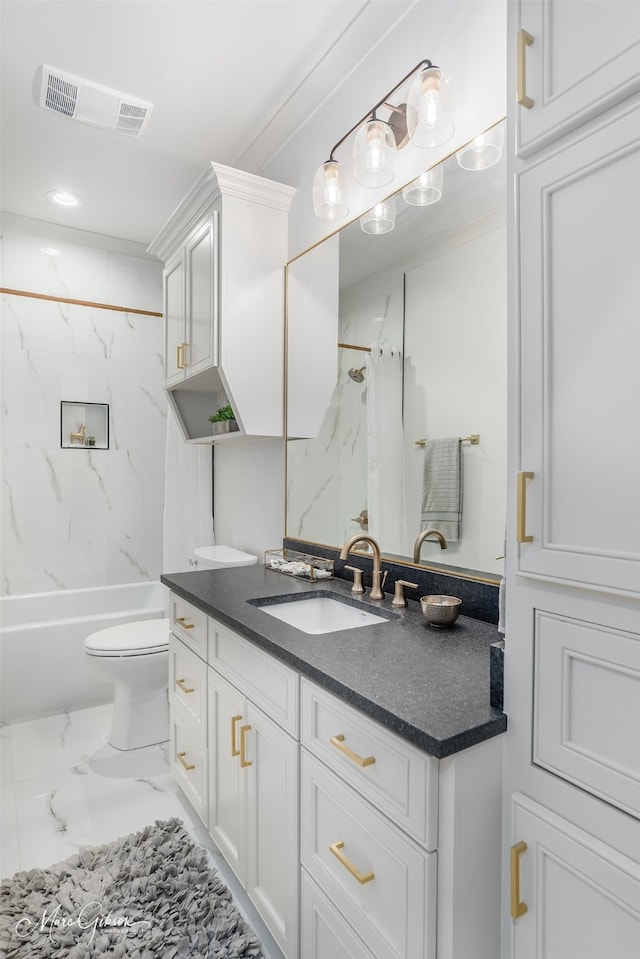 full bath featuring visible vents, toilet, marble finish floor, shower / bath combo with shower curtain, and vanity