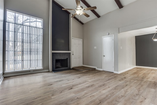 unfurnished living room with plenty of natural light, beam ceiling, a fireplace, and wood finished floors