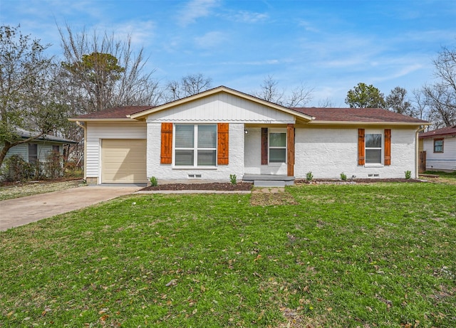 single story home with concrete driveway, an attached garage, crawl space, a front yard, and brick siding