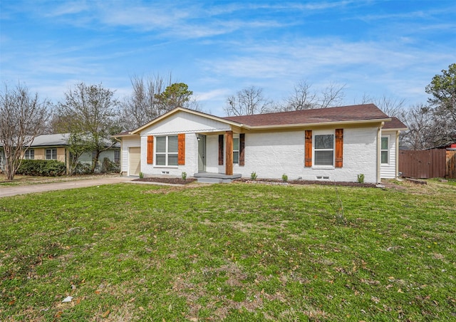 ranch-style home with driveway, a front lawn, crawl space, and fence