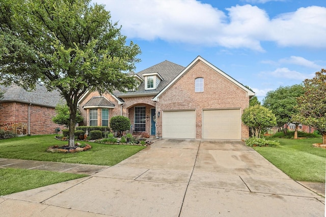 traditional-style house with a garage, a front yard, brick siding, and driveway