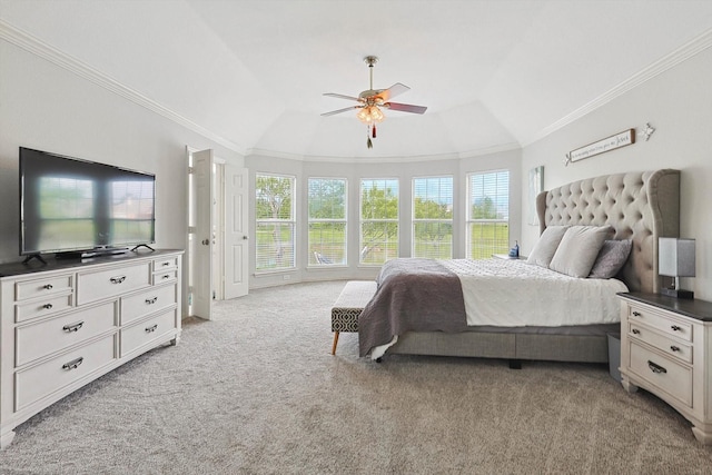 bedroom with light carpet, multiple windows, crown molding, and lofted ceiling