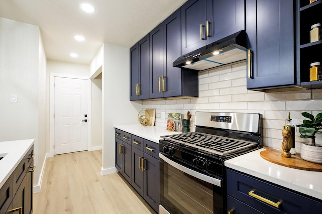 kitchen with open shelves, light countertops, stainless steel gas stove, light wood-type flooring, and under cabinet range hood