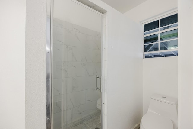 full bathroom featuring a stall shower and toilet