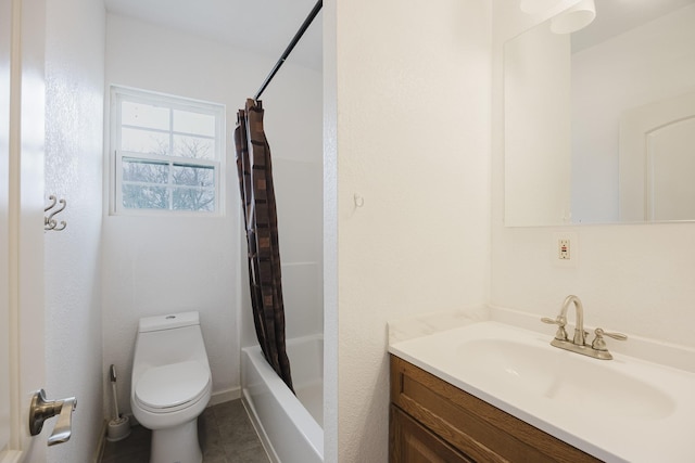 full bathroom featuring toilet, tile patterned flooring, shower / bath combo with shower curtain, and vanity