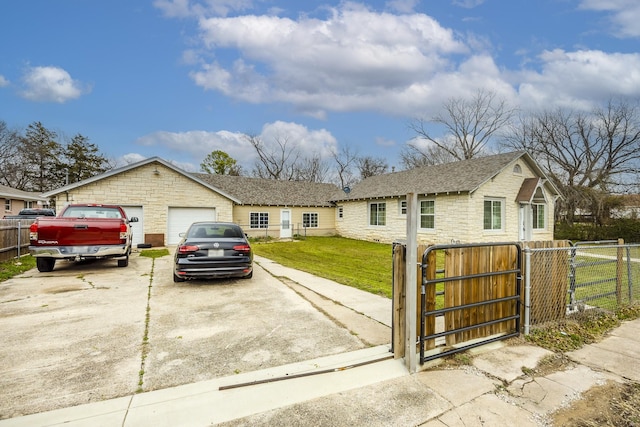 single story home featuring a front yard, a gate, fence, a garage, and stone siding