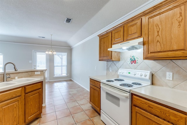 kitchen with white range with electric stovetop, brown cabinets, visible vents, a sink, and under cabinet range hood