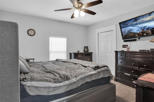 bedroom with carpet, a ceiling fan, and a closet