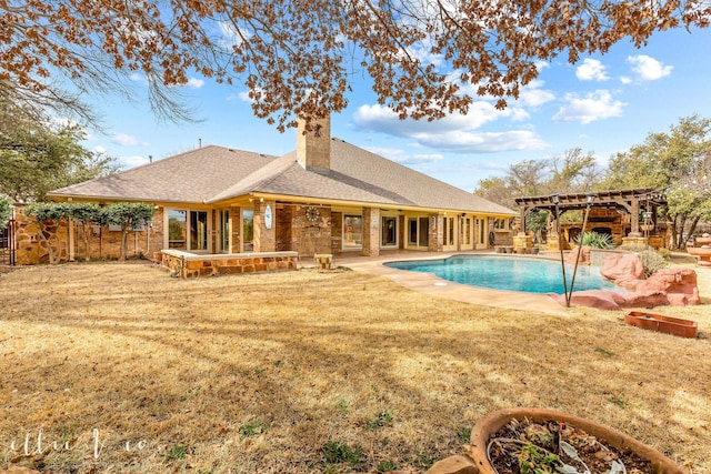 outdoor pool with a lawn, a patio area, fence, and a pergola