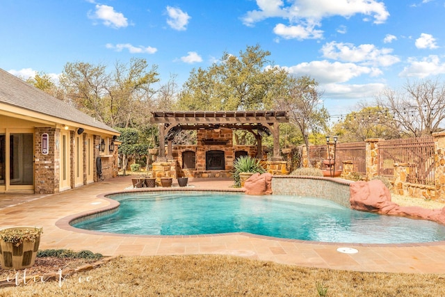 view of swimming pool with a fenced in pool, an outdoor stone fireplace, a patio area, and fence