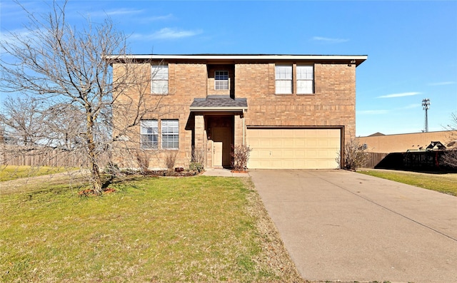 traditional home featuring an attached garage, brick siding, driveway, and a front lawn