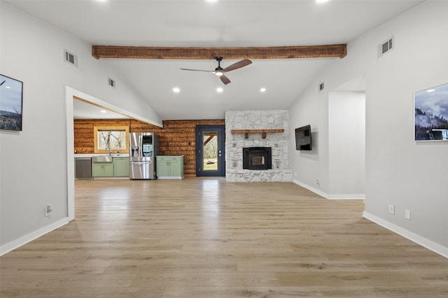 230 Frosty Hollow Rd, Denison, TX 75021 - unfurnished living room with ceiling fan, light wood-type flooring, baseboards, a fireplace, and recessed lighting