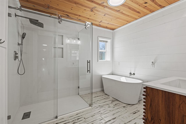 230 Frosty Hollow Rd, Denison, TX 75021 - bathroom with wood ceiling, a stall shower, and a soaking tub