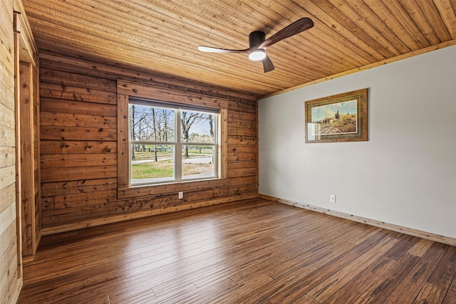 230 Frosty Hollow Rd, Denison, TX 75021 - unfurnished room with wood ceiling, a ceiling fan, wooden walls, hardwood / wood-style floors, and baseboards