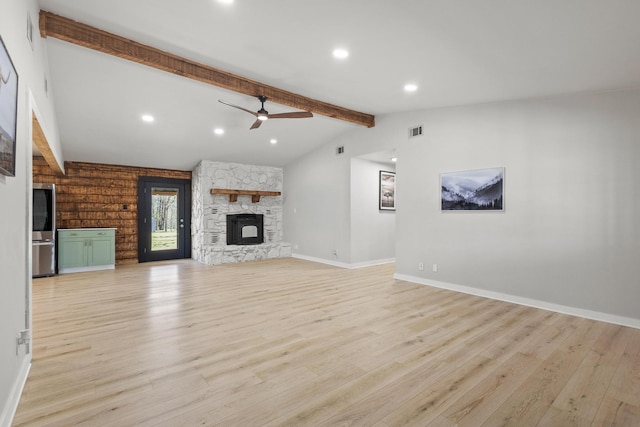 230 Frosty Hollow Rd, Denison, TX 75021 - unfurnished living room with light wood-style floors, a ceiling fan, a fireplace, recessed lighting, and baseboards