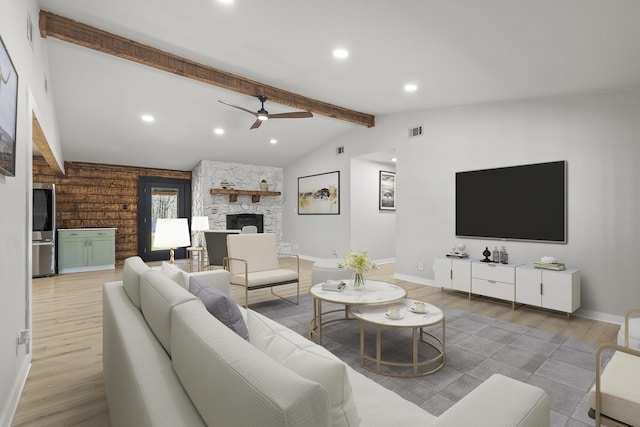 230 Frosty Hollow Rd, Denison, TX 75021 - living area with wood finished floors, a ceiling fan, recessed lighting, a fireplace, and baseboards