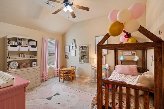 bedroom with lofted ceiling, ceiling fan, light colored carpet, visible vents, and baseboards