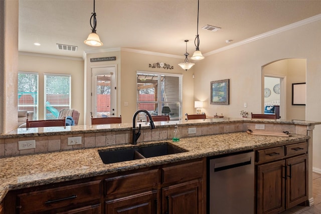 110 Donna Cir, Granbury, TX 76049 - kitchen featuring dishwasher, a sink, ornamental molding, healthy amount of natural light, and light stone counters
