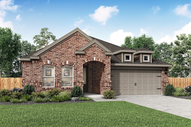 view of front facade featuring driveway, brick siding, a front lawn, and fence