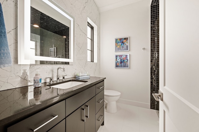 full bath with tasteful backsplash, toilet, vanity, and walk in shower