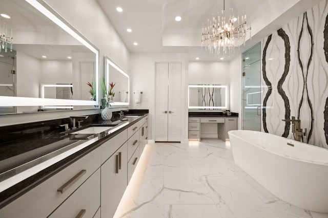 bathroom with a sink, recessed lighting, marble finish floor, and double vanity