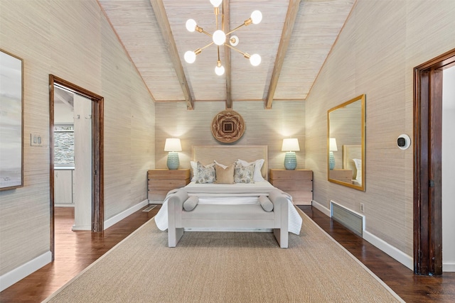 bedroom with beam ceiling, visible vents, wood finished floors, high vaulted ceiling, and baseboards