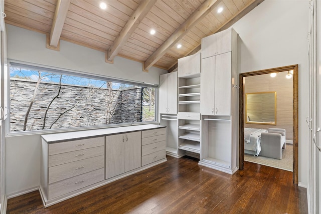 spacious closet featuring dark wood-style floors and vaulted ceiling with beams