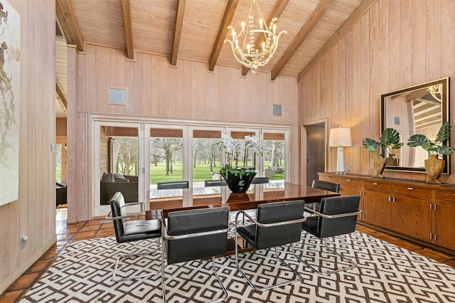 interior space with high vaulted ceiling, wooden walls, wood ceiling, beam ceiling, and an inviting chandelier