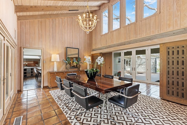 dining space featuring wood ceiling, visible vents, beamed ceiling, and wooden walls