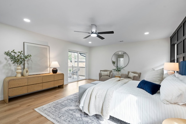 bedroom featuring access to exterior, ceiling fan, wood finished floors, and recessed lighting