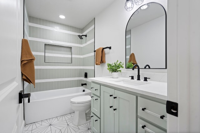 bathroom with toilet, recessed lighting, vanity, shower / bathing tub combination, and tile patterned floors