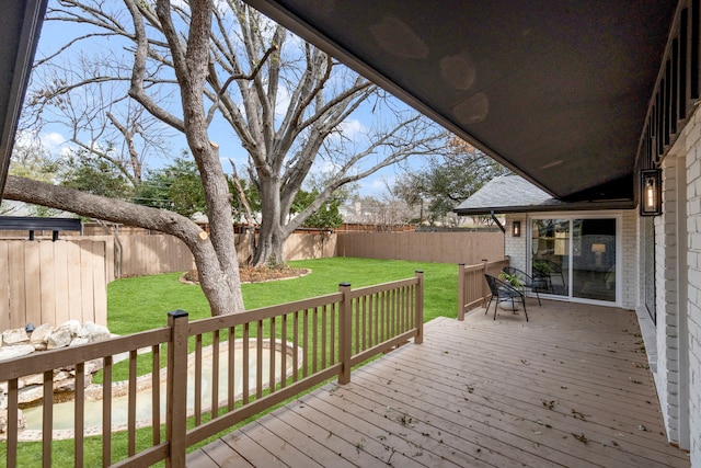 wooden deck featuring a yard and a fenced backyard