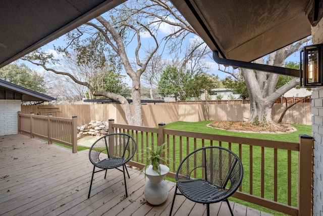 wooden deck featuring a fenced backyard and a lawn