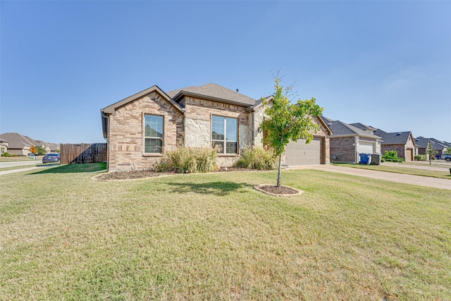 single story home featuring a garage, brick siding, fence, driveway, and a front yard