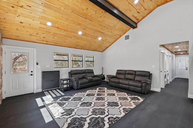living room with wood ceiling, baseboards, wood finished floors, and recessed lighting