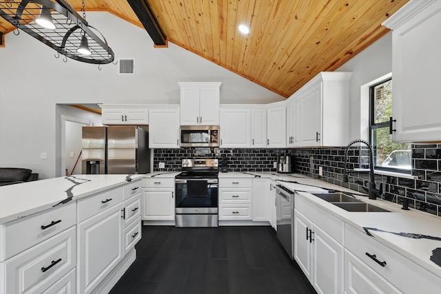 kitchen featuring white cabinets, stainless steel appliances, visible vents, wooden ceiling, and a sink